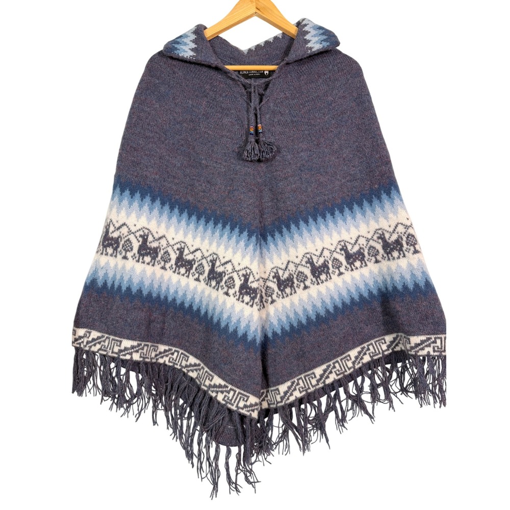 Alpaca Connection Peru Hooded Poncho Llama Knit Fringed Cape Blue Gray Blend